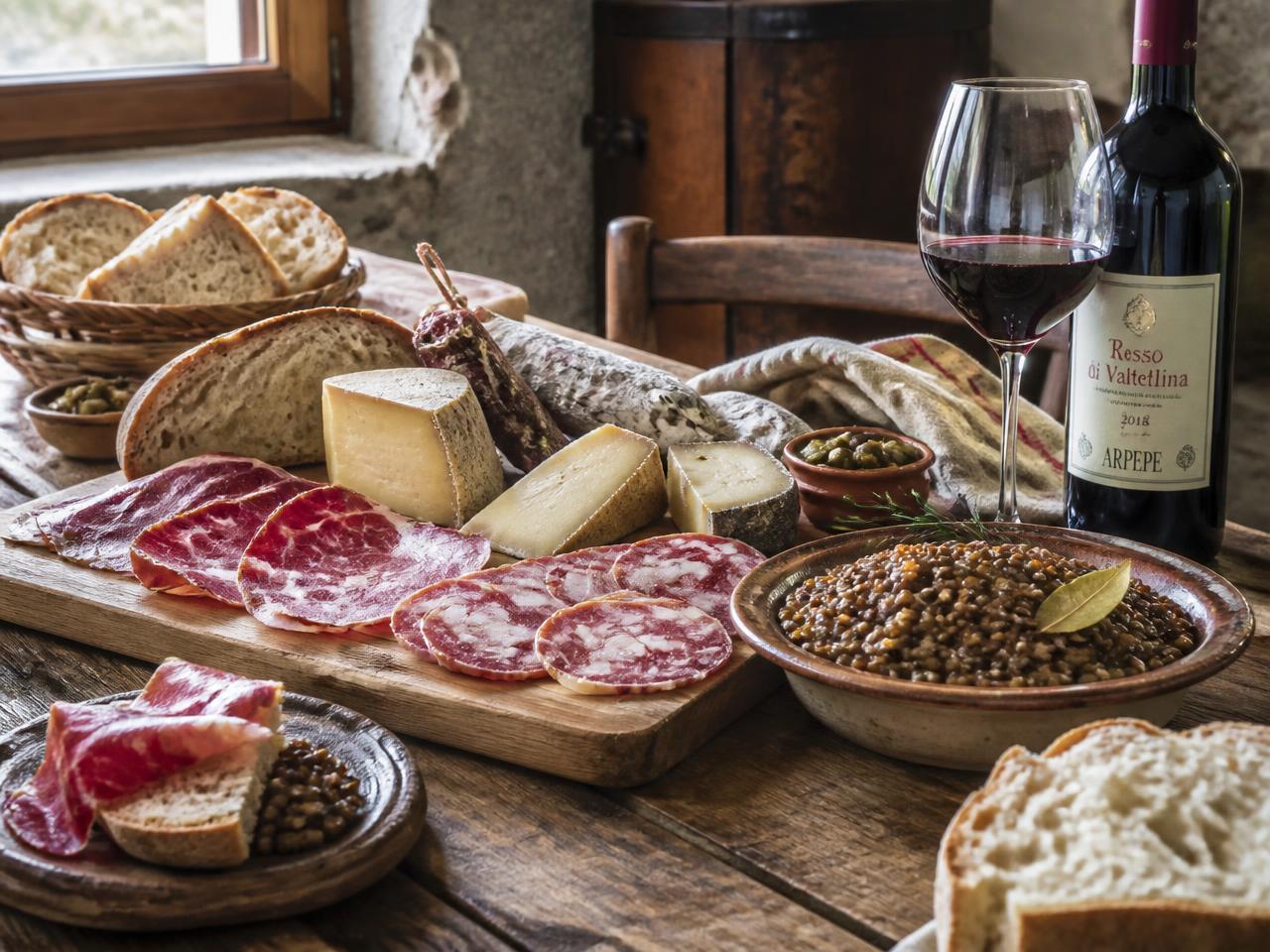 Tavola con salumi, formaggi e vino delle Marche