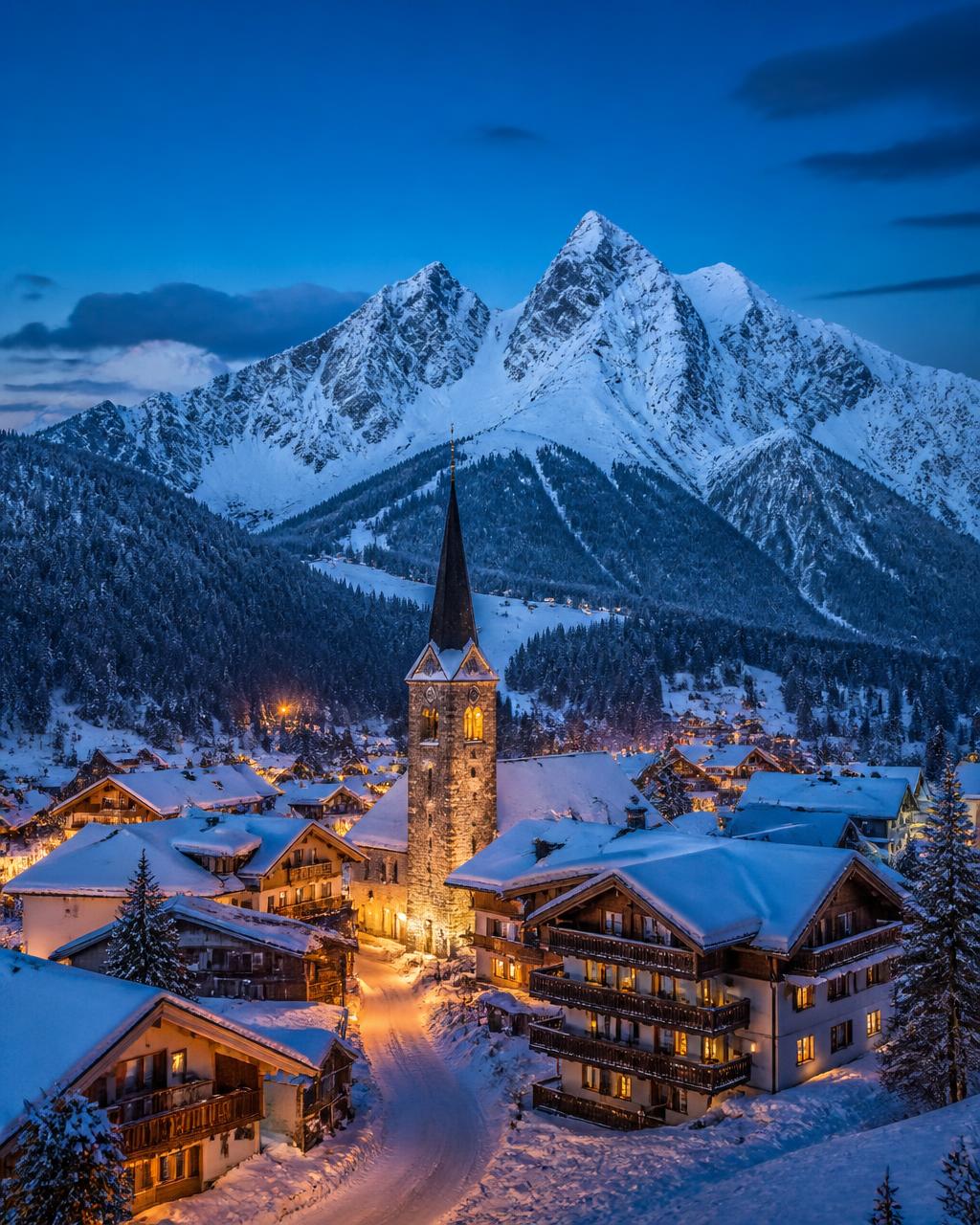 Borgo di montagna innevato all'ora blu